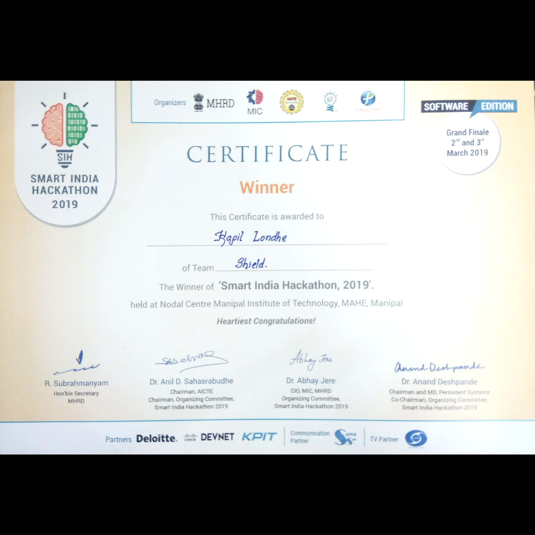 SIH 2019 winning certificate